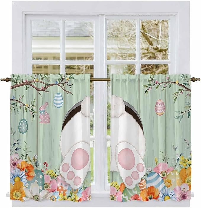 Easter Kitchen Curtains 54 Inch Long 2 Panel Set, Rod Pocket Window Curtains Panels, Spring Watercolor Bunny Eggs Wooden Grain Green Light Filtering Drapery Draperies for Bathroom Bedroom 52"W x 54"L