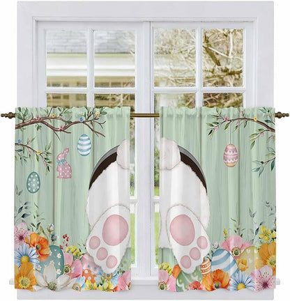 Easter Kitchen Curtains 54 Inch Long 2 Panel Set, Rod Pocket Window Curtains Panels, Spring Watercolor Bunny Eggs Wooden Grain Green Light Filtering Drapery Draperies for Bathroom Bedroom 52"W x 54"L