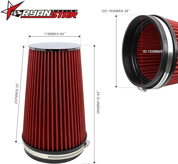 RYANSTAR RACING 152mm 6" High Flow Round Tapered Cone Closed-Top Washable Clamp-On Dry Air Filter Long 265mm tall