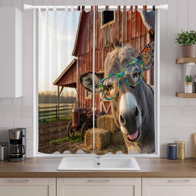 Farm Donkeys Living Room Curtains 84 Inch Length, Window Curtains Tab Top, Farmhouse Barn Funny Animals Butterfly Light Filtering Window Treatments Drapes 52"x84" 2 Panel