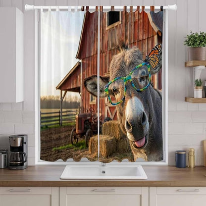 Farm Donkeys Living Room Curtains 84 Inch Length, Window Curtains Tab Top, Farmhouse Barn Funny Animals Butterfly Light Filtering Window Treatments Drapes 52"x84" 2 Panel
