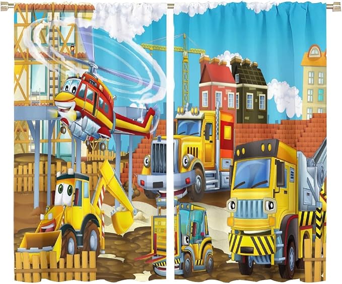 Kids Cartoon Construction Window Curtains, Funny Construction Site Cars and Helicopter Rod Pocket Decorative Windows Curtain for Children Teens Room Decor 72x63in (30% Blackout)