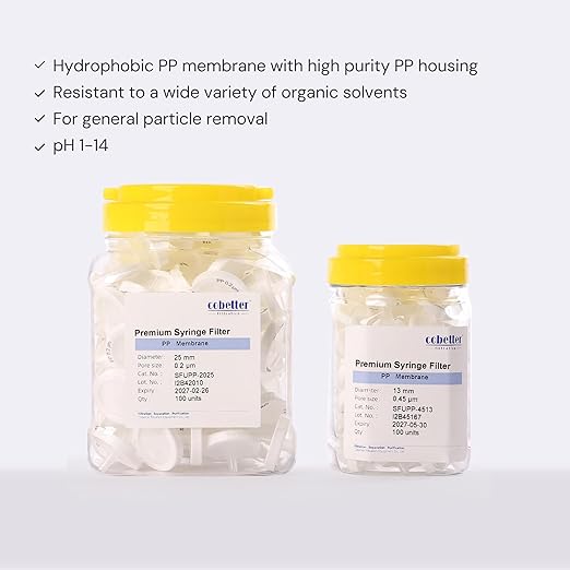 100 Pack PP Syringe Filter Lab Filters 0.2μm Pore Size 25mm Diameter Hydrophobic Filtration Non-sterile White