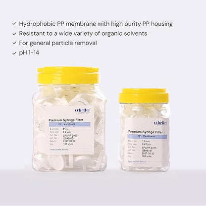 100 Pack PP Syringe Filter Lab Filters 0.2μm Pore Size 25mm Diameter Hydrophobic Filtration Non-sterile White