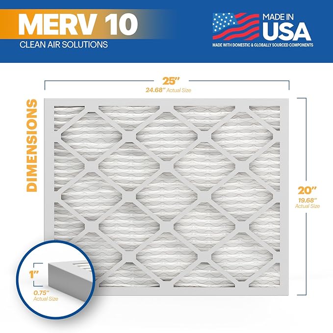 BNX TruFilter 20x25x1 MERV 10 (4-Pack) AC Furnace Air Filter - MADE IN USA - Pleated Air Conditioner HVAC AC Furnace Filters - Removes Odor, Mold, Bacteria, Smoke