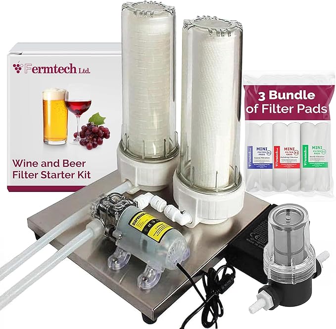 Fermtech Mini 2 Electric Sediment Filter Starter Kit with Pre-Screen, Bundle of Filters. Stainless Steel Wine/Beer/Juice/Kombucha/Liquid Filtering System. Home Pro 10 Inch. Jet Filtration Technology.