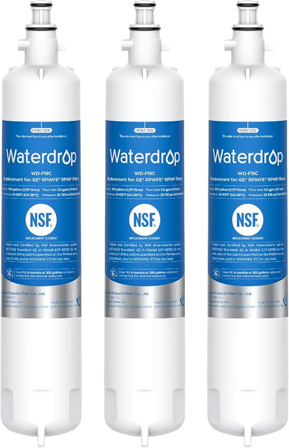 Waterdrop WD-F19C Replacement for GE® RPWFE®, RPWF (with CHIP) Refrigerator Water Filter, Compatible with GFE28GBLTS, GFE28GGKBB, GFE28GSKSS, PFE28KSKSS, PFE28KMKES, 3 Filters Package May Vary