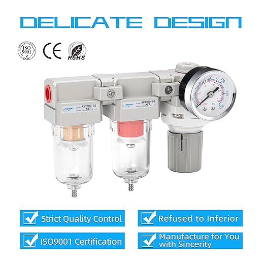 NANPU 1/4" NPT Air Drying System - 5 Micron Particulate Filter, 0.01 Micron Coalescing Filter, Air Pressure Regulator Combo - Semi-Auto Drain, Poly Bowl w/Metal Gauge