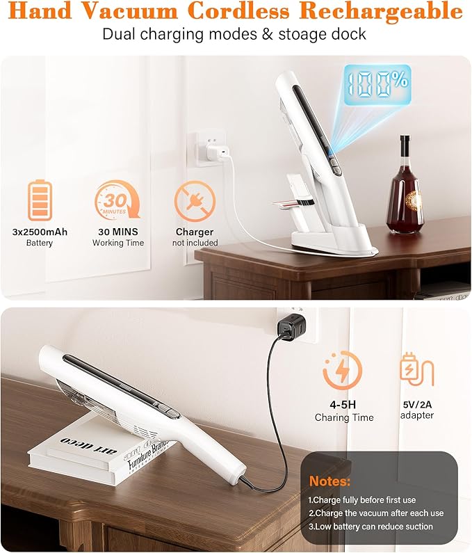Handheld Vacuum Cordless,24KPA High Power Car Vacuum with Brushless Motor,LED Light,Charging Dock,Rechargeable Hand Held Vacuum Cleaner with Reusable Filter for Car,Home,Office,Pet Pair,White