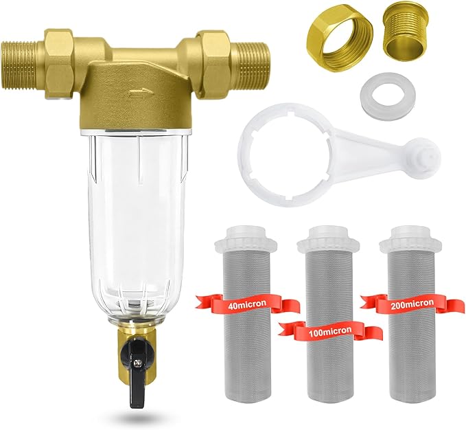 Spin Down Sediment Filter, Inline Water Filter for Home Well Water, 40/100/200 Micron Whole House Prefilter Filtration System, 1" MNPT + 3/4" FNPT + 3/4"MNPT, Lead-Free Brass