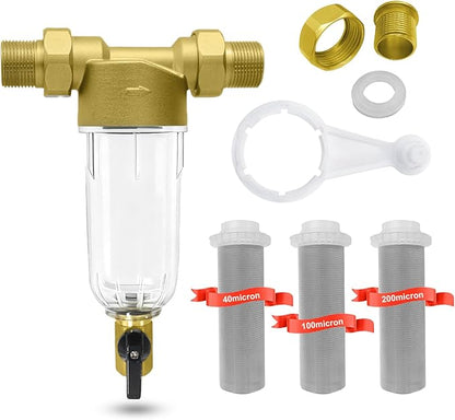 Spin Down Sediment Filter, Inline Water Filter for Home Well Water, 40/100/200 Micron Whole House Prefilter Filtration System, 1" MNPT + 3/4" FNPT + 3/4"MNPT, Lead-Free Brass
