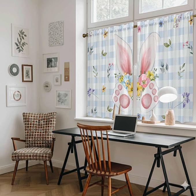 Easter Kitchen Curtains 45 Inch Long 2 Panel Set, Rod Pocket Window Treatment, Spring Rabbits Ears Feet Floral Blue Lattice Light Filtering Short Curtains & Drapes for Bathroom Laundry 52"W x 45"L
