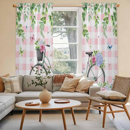 Spring Kitchen Curtains, Bicycles Leaves Butterfly Flowers Pink Buffalo Plaid Light Filtering Window Curtain Panels, 2Pcs Rod Pocket Window Treatments Set for Living Room Bathroom Bedroom 52x72 Inches