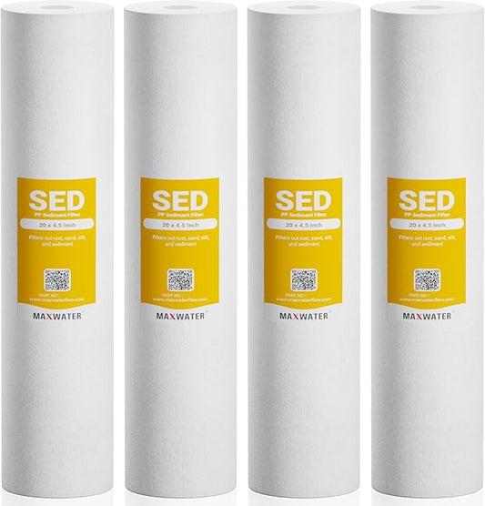 Max Water 5 Micron 20 x 4.5 Sediment Filter 20 inch Whole House BB Water Filtration System Replacement Compatible Cartridge DGD-5005-20, FP25B, AP810-6, FPMB5-20, P5-20, 155358-43, 4-Pack