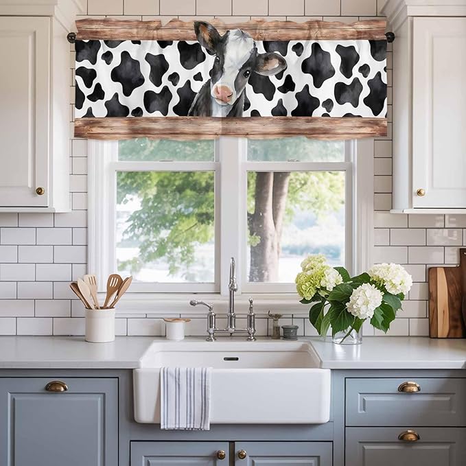 Cow Printed Curtain Valances for Windows, Kitchen Valance Window Treatment, Farmhouse Watercolor Country Wooden Grain Light Filtering Block Curtains for Bathroom/Bedroom/Living Room 54'' x 18''