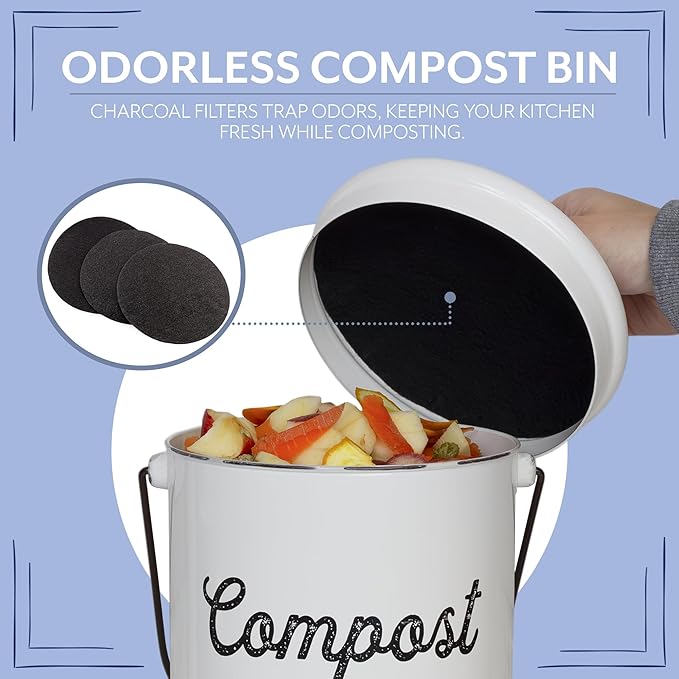 AuldHome Design Kitchen Compost Bin for Countertop | 1.3 Gallon Composting Bucket with Lid | Includes 3 Charcoal Filters | (White Enamel)