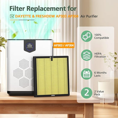 AP303 AP304 Replacement Filters, Compatible with DAYETTE AP303/AP304/AP305/AP405 Air Purifier, and for FRESHDEW AP303/304 Purifier, HEPA Filter with 3 Stage Filtration, 2 Pack (Pet Filter)