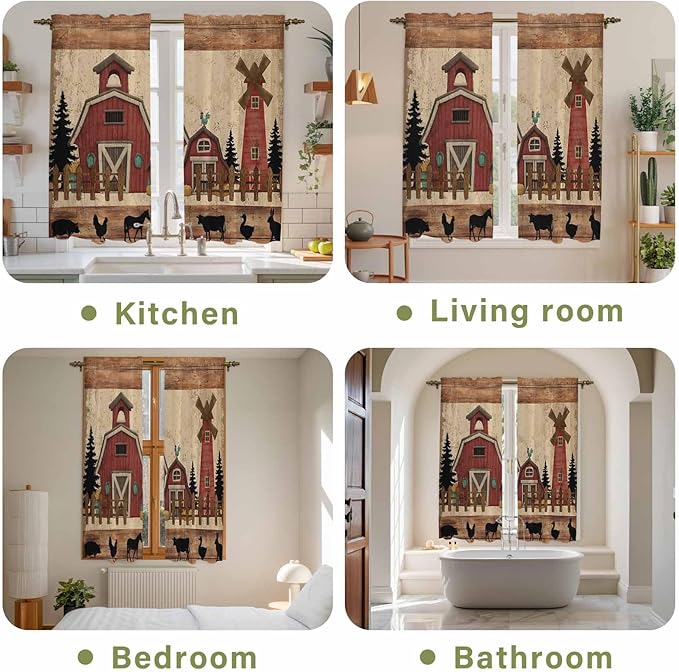 Brown Farmhouse Kitchen Curtains, Vintage Country Animals Wooden Grain Light Filtering Window Curtain Panels, 2Pcs Rod Pocket Window Treatments Set for Living Room Bathroom Bedroom 42x63 Inches