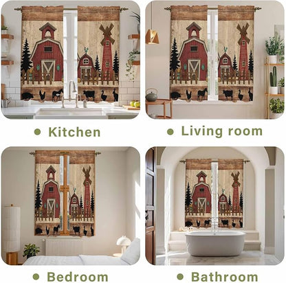 Brown Farmhouse Kitchen Curtains, Vintage Country Animals Wooden Grain Light Filtering Window Curtain Panels, 2Pcs Rod Pocket Window Treatments Set for Living Room Bathroom Bedroom 42x63 Inches