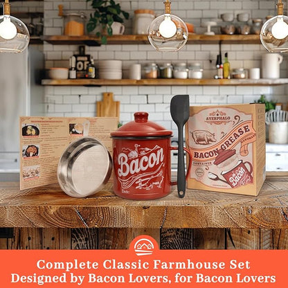 Bacon Grease Container with Strainer - With Food-Grade Silicone Spatula, 46oz Large Enamel Rustic Farmhouse Fat Container, Keeper, Recipes, Dishwasher Safe