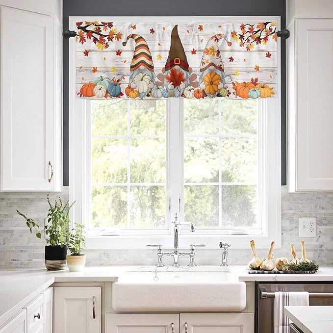 Fall Gnomes Kitchen Curtain Set, Thanksgiving Maple Leaf Grey Wood Grain Window Valance and Tiers 24" Length, Light Filtering Short Curtains Valance for Cafe Bathroom Bedroom 54"x18"