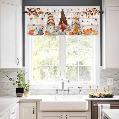 Fall Gnomes Kitchen Curtain Set, Thanksgiving Maple Leaf Grey Wood Grain Window Valance and Tiers 24" Length, Light Filtering Short Curtains Valance for Cafe Bathroom Bedroom 54"x18"