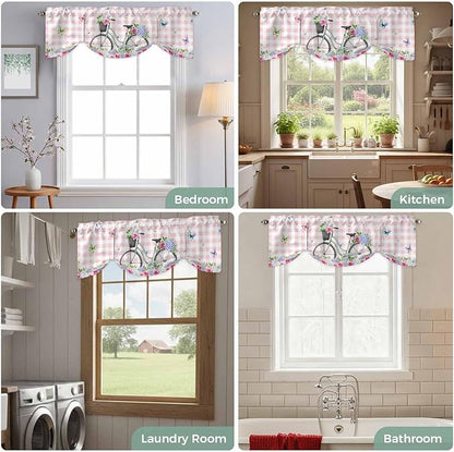 Spring Tie Up Valance Curtains for Windows, Kitchen Curtains Window Shades, Bicycles Leaves Butterfly Flowers Pink Buffalo Plaid Light Filtering Curtain Valances for Bedroom/Bathroom/Cafe 42"x18"