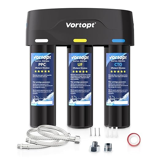 Vortopt Under Sink Water Filter,with PP,UF,and CTO Cartridges for Water Filtration and Drinking Water,F03,Black.
