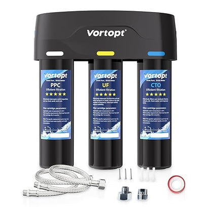 Vortopt Under Sink Water Filter,with PP,UF,and CTO Cartridges for Water Filtration and Drinking Water,F03,Black.