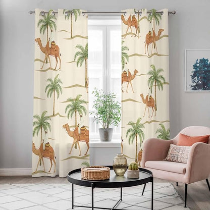 2 Panel Kitchen Cafe Curtains, Date Coconut Tree Sunlight Filtering Nature Air Through, Home Decor Window Covering Tier Curtains for Living Room 80W x 84L inch Desert Camels Botanical Tropical Beige