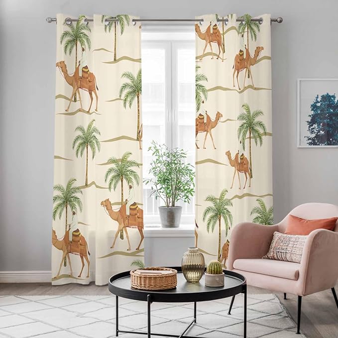 2 Panel Kitchen Cafe Curtains, Date Coconut Tree Sunlight Filtering Nature Air Through, Home Decor Window Covering Tier Curtains for Living Room 104W x 90L inch Desert Camels Botanical Tropical Beige