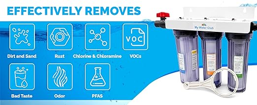 Whole House 3-Stage Water Filtration System, 3/4" port with 2 valves and extra 1 year filter supply (2 sets, 6 pcs)