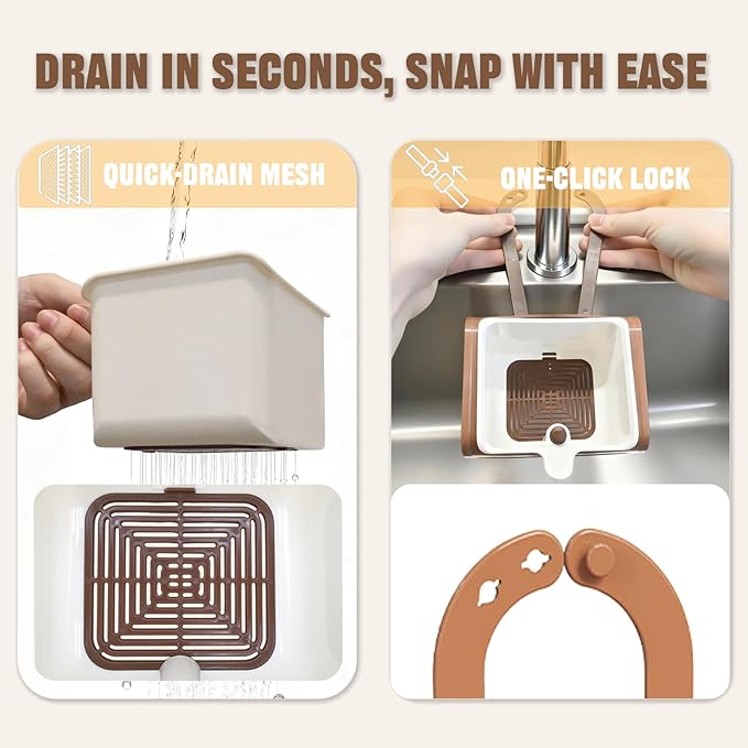 Kitchen Food Waste Catcher for Sink Faucet Hanging, Multi-purpose Kitchen Sink Strainer Basket with Self-Cleaning Press to Open Dumping Design, The Food Trash Leftovers Basket Catcher (Khaki)