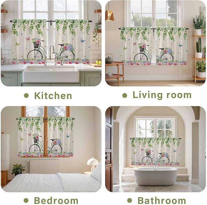 Farmhouse Spring Tier Curtains, Retro Bicycles Flowers Vines Butterfly Light Filtering Kitchen Curtains, 2Pcs Rod Pocket Half Window Treatments Panels for Sink Cafe Cabinet Basement 27.5x45 Inches
