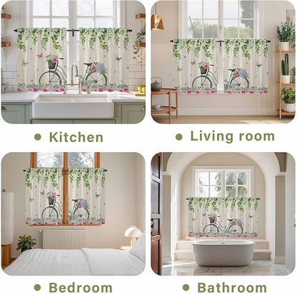 Farmhouse Spring Tier Curtains, Retro Bicycles Flowers Vines Butterfly Light Filtering Kitchen Curtains, 2Pcs Rod Pocket Half Window Treatments Panels for Sink Cafe Cabinet Basement 27.5x45 Inches