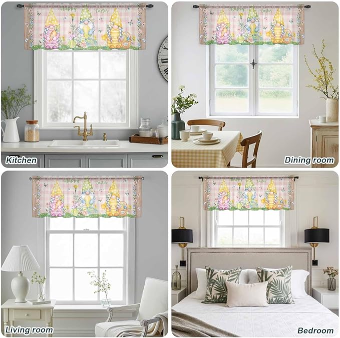 Happy Easter Sheer Valances for Windows 42"x12", Light Filtering Kitchen Curtains Valance, Spring Gnomes Duck Floral Eggs Pink Plaid Rod Pocket Chiffon Curtains for Living Room Bedroom Cafe