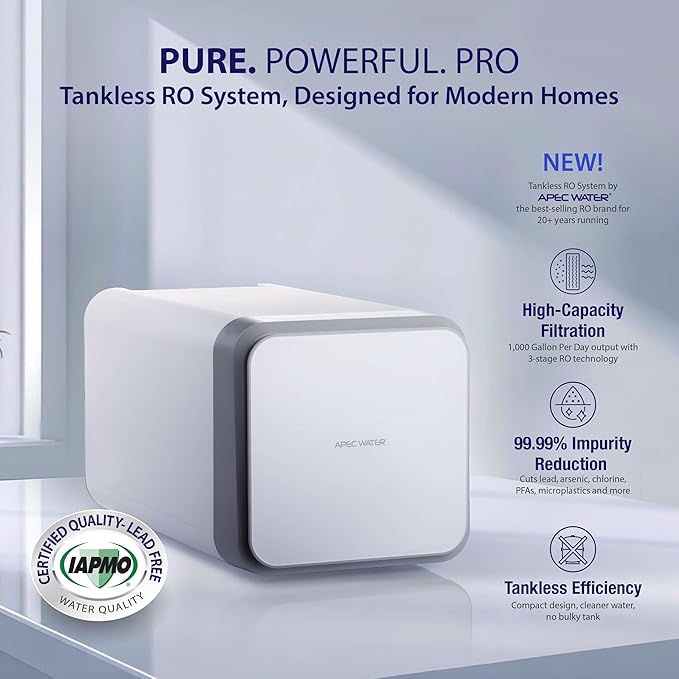 APEC Tankless Reverse Osmosis System, NSF 372 & 58 Certified 3 Stage Water Filtration Bottled Water Quality, High 1K GPD Faucet Flow, Efficient 2:1 Pure to Drain, Space Saving Design