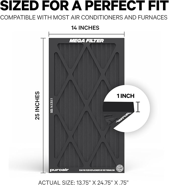 PuroAir MegaFilter - 14x25x1 Air Filter MERV 13 Activated CarbonTech Defense - Heavy Duty 3 Layer Furnace Filters Allergens, Pollen, Dust, Pet Dander, Smoke, Odors - HVAC Air Filter 14x25x1 (4-Pack)