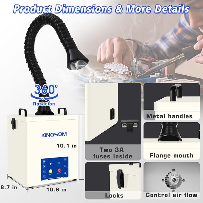 KINGSOM 100W Solder Fume Extractor 210m³/h with Hepa H13 Filter, 3 Settings Smoke Absorber Remover, Soldering Fume Extractor for Laser Engraver, DIY Welding, 3D Printer, Nail Salon White