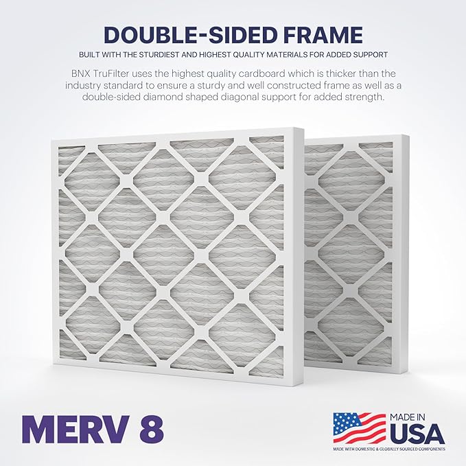 BNX TruFilter 16x20x2 Air Filter MERV 8 (4-Pack) - MADE IN USA – Dust & Pet Defense Electrostatic Pleated Air Conditioner HVAC AC Furnace Filters for Dust, Pet, Mold, Pollen MPR 600 – 700 & FPR 5
