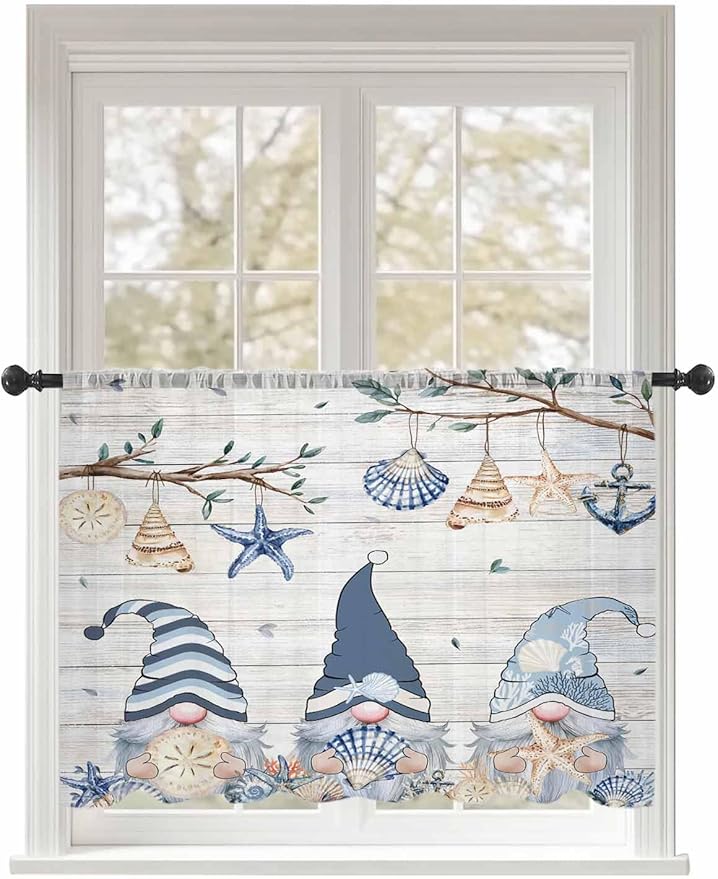Sheer Curtains 45 Inch Length, Coastal Eucalyptus Semi Sheer Curtains Light Filtering Window Treatment, Ocean Blue Gnomes Starfish Leaf Wood Grain Privacy Voile Drapes for Living Room 52x45 Inch