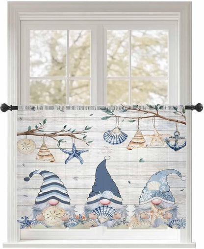 Sheer Curtains 45 Inch Length, Coastal Eucalyptus Semi Sheer Curtains Light Filtering Window Treatment, Ocean Blue Gnomes Starfish Leaf Wood Grain Privacy Voile Drapes for Living Room 52x45 Inch