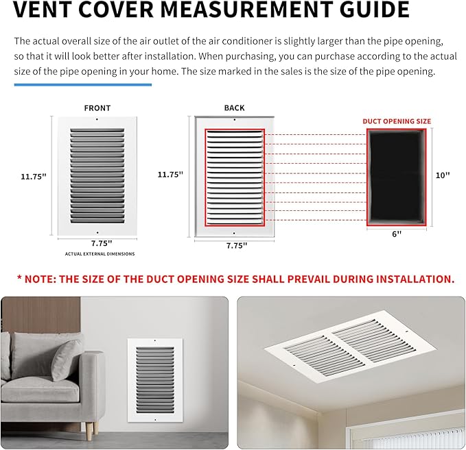 6x10 Vent Cover(Duct Opening Size),Air Return Vent Cover,Flat Vent Cover,Rejillas De Aire Acondicionado para Casa,Return Air Grilles,Outer Dimensions:7.75"W x 11.75"H(6"W x 10"H, Duct Opening)