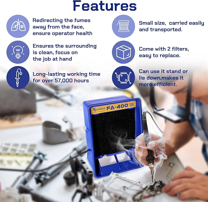 Antidious Fume Extractor Anti-ESD Solder Smoke Absorber Portable Filter for Soldering DIY Fan Extraction Equipment with Spare Activated Carbon for Brazing Welding Soldering, Fume Prevention Remover