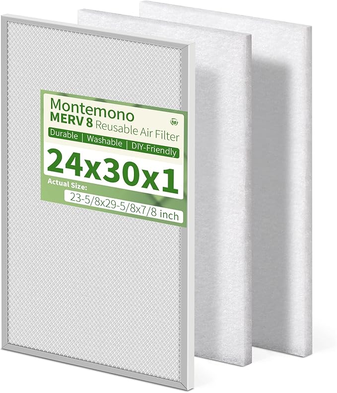 24x30x1 Reusable Air Filter MERV 8 Washable Furnace & AC Filter with 2 Extra Media Pads, Aluminum Electrostatic Air Filters for Home, Fits HVAC System, Air Conditioner, Air Handler