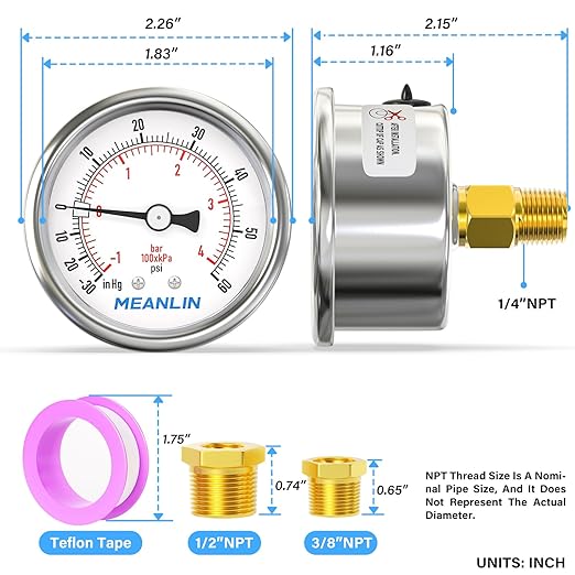 MEANLIN MEASURE -30inHG~60Psi Vacuum Gauge Stainless Steel 1/4" NPT 2" FACE DIAL Waterproof for Air Compressor HVAC Negative Pressure Hand Pump Pool Back Mount with 1/2" NPT and 3/8" NPT Hex Bushing