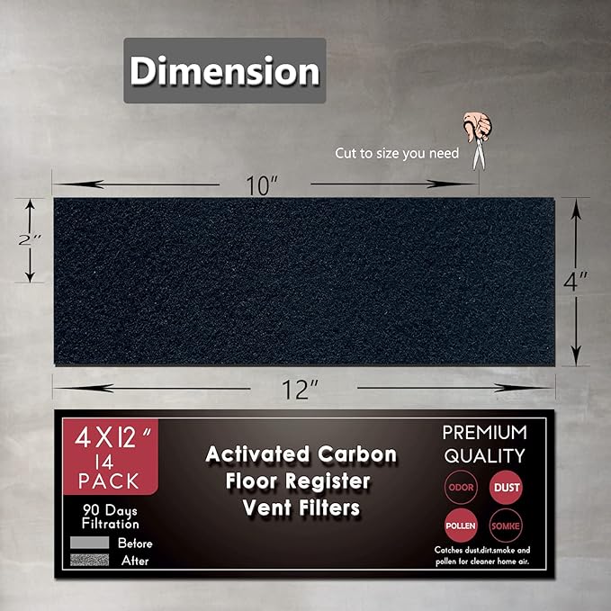 Carbon Filter 4" x 12" Activated Charcoal Air Vent Floor Heater Pre-Filter Sheet Work in Home Air Purifier, Register, Ceiling 4 x 12 Inch 6-Pack (Black) Hoctsom