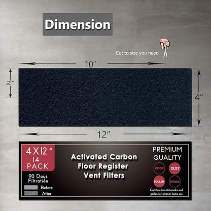 Carbon Filter 4" x 12" Activated Charcoal Air Vent Floor Heater Pre-Filter Sheet Work in Home Air Purifier, Register, Ceiling 4 x 12 Inch 6-Pack (Black) Hoctsom