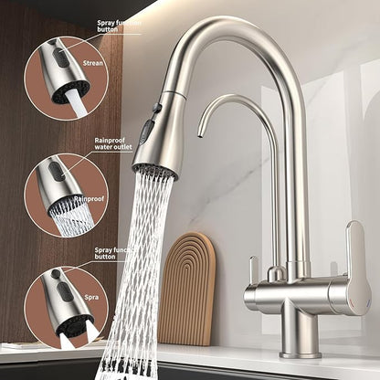 Kitchen Sink Faucet with Pull - Down Sprayer, 2 - Handle 3 - in - 1 Kitchen Sink Filter Faucet, Cold and Hot Mixer Drinking Water Faucet (3-in-1 Filter Faucet, Brushed Nickel)