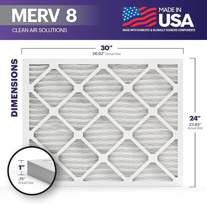 BNX TruFilter 24x30x1 Air Filter MERV 8 (4-Pack) - MADE IN USA – Dust & Pet Defense Electrostatic Pleated Air Conditioner HVAC AC Furnace Filters for Dust, Pet, Mold, Pollen MPR 600 – 700 & FPR 5